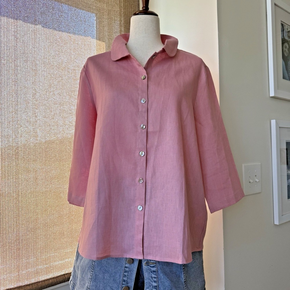 Lintico Linen Blouse Women's Large Mauve Pink Button Front 3/4 Sleeve Top NWT